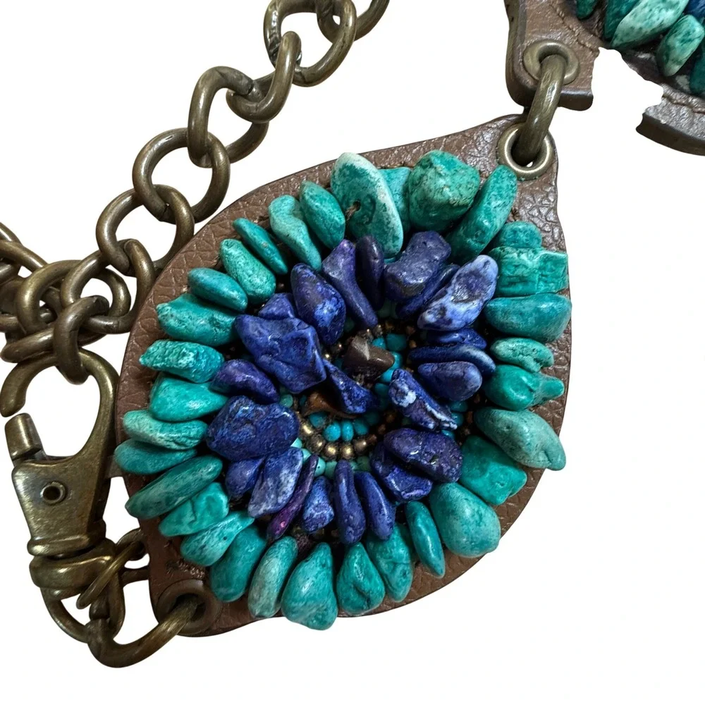 Chico's Stone Medallion Chain Belt Turquoise Purple Boho Western Statement - Picture 5 of 15